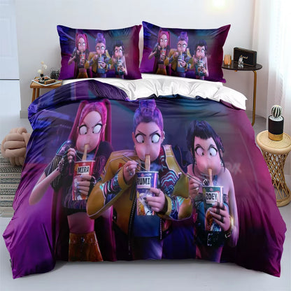 K-Pop Demon Hunters Bedding Set – Colorful Anime Print Duvet Cover & Bed Sheets | Soft Polyester Dorm Room Set | Kids & Teen Gift