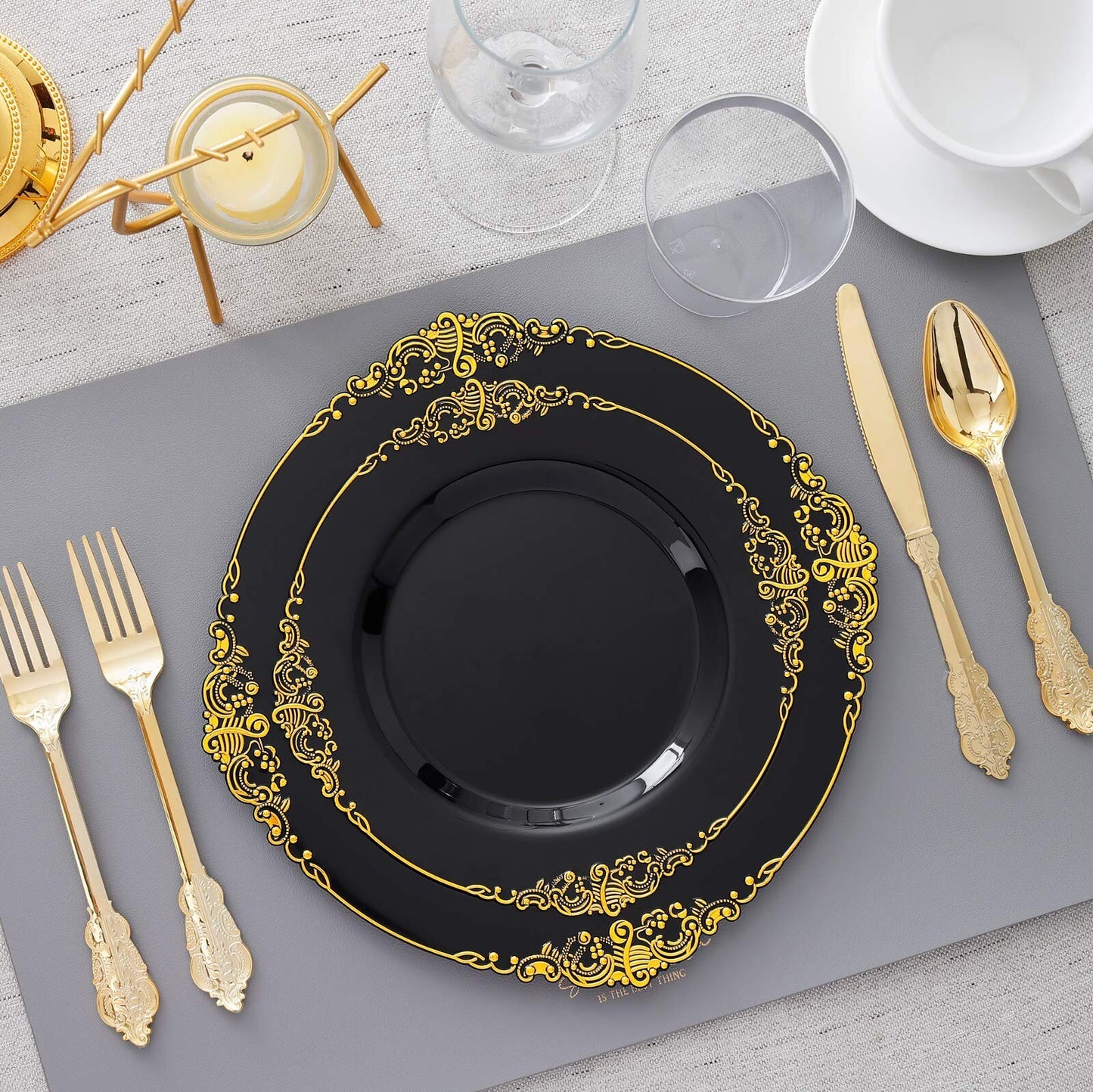 350-Piece Black and Gold Plastic Dinnerware Set – Includes Elegant Disposable Plates & Gold Plastic Silverware for Parties, Weddings, and Holiday Events | Heavy-Duty & Reusable Tableware by Hioasis
