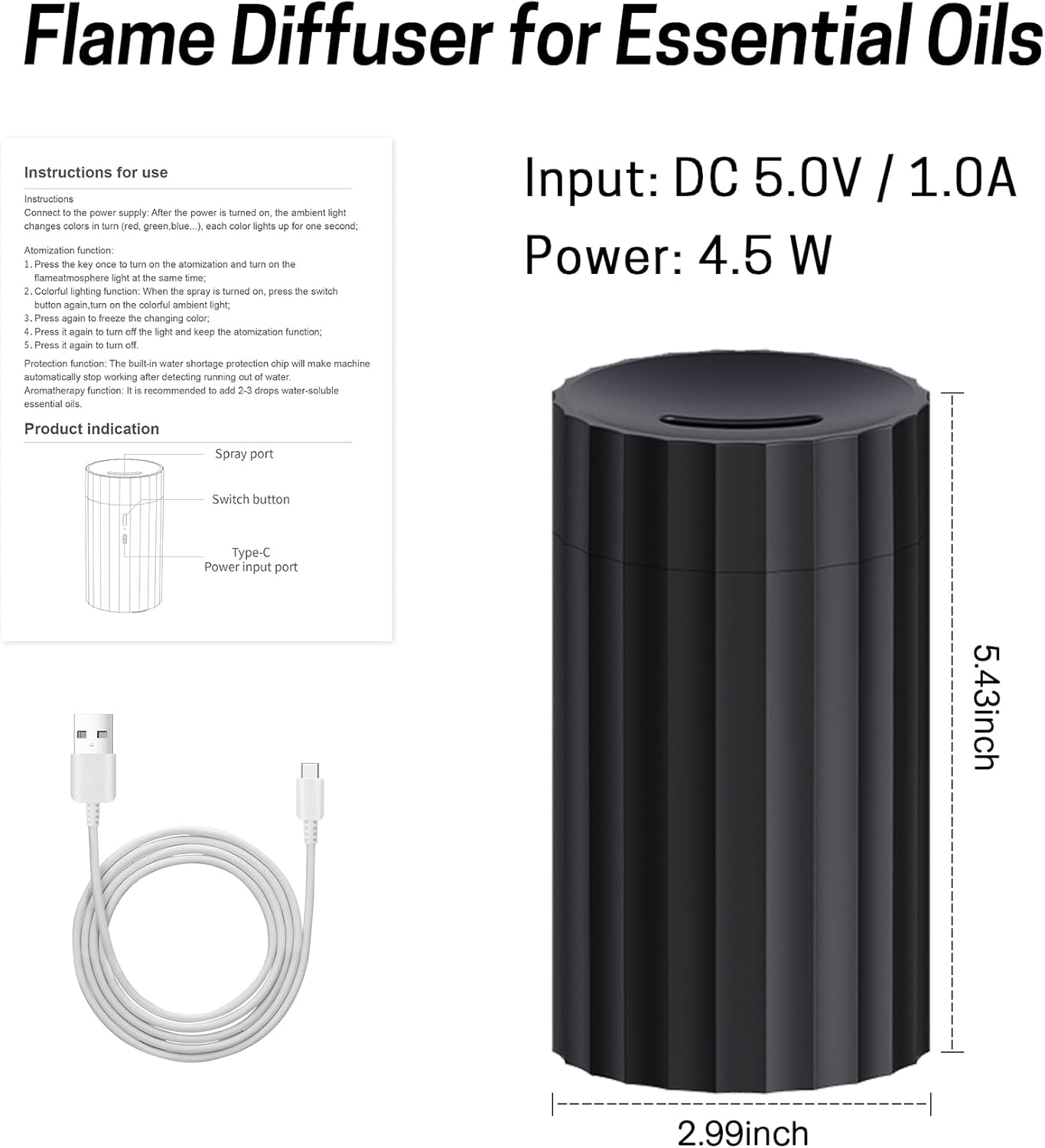 Car Diffuser & Mini Flame Humidifier – 100ml Portable Cool Mist Aroma Diffuser for Essential Oils, Black Aromatherapy Air Freshener for Car, Home & Office