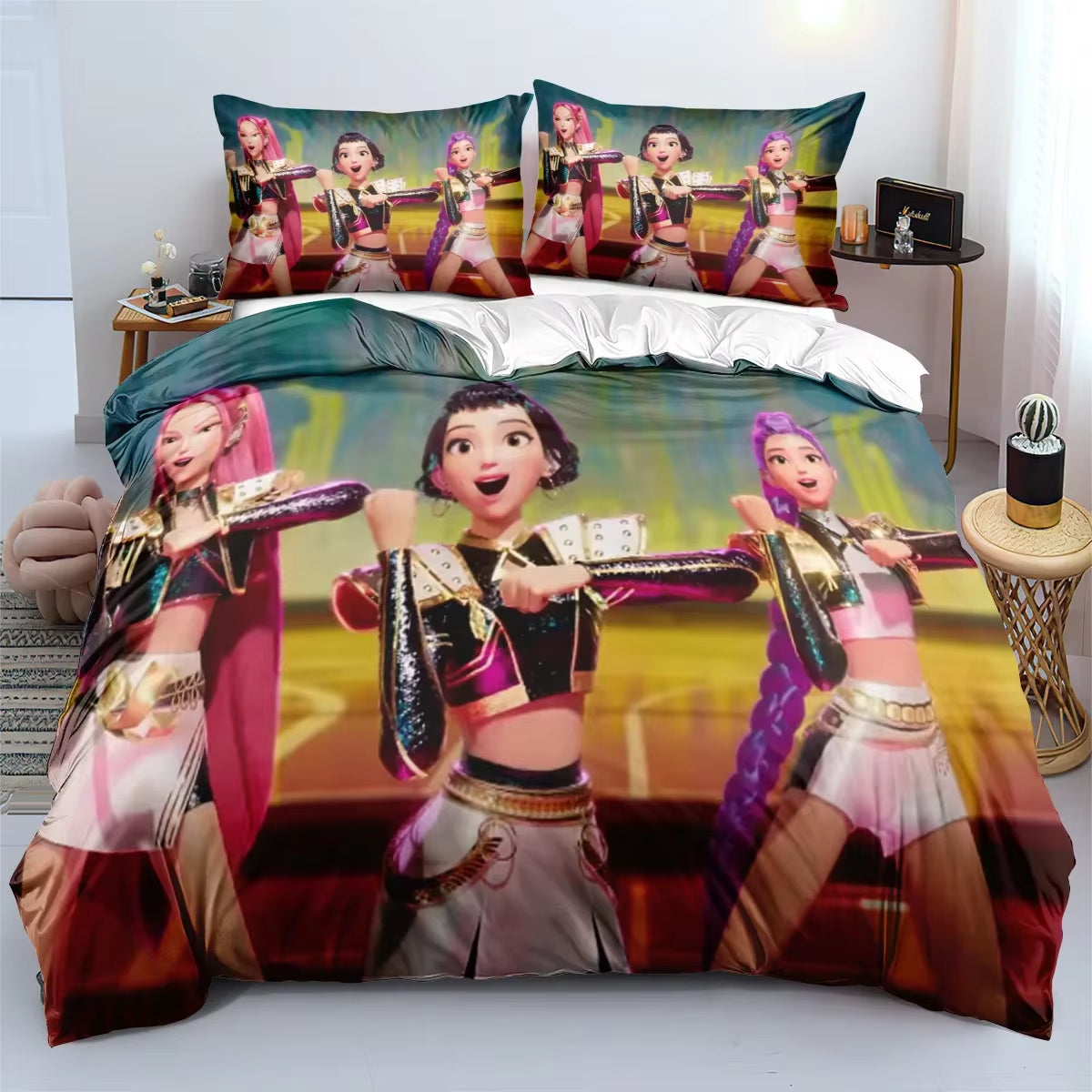 K-Pop Demon Hunters Bedding Set – Colorful Anime Print Duvet Cover & Bed Sheets | Soft Polyester Dorm Room Set | Kids & Teen Gift
