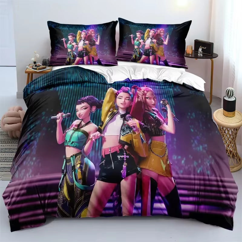 K-Pop Demon Hunters Bedding Set – Colorful Anime Print Duvet Cover & Bed Sheets | Soft Polyester Dorm Room Set | Kids & Teen Gift