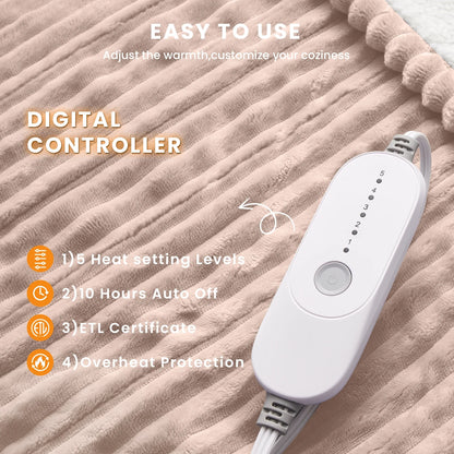 Electric Heated Blanket Twin – Soft Flannel & Sherpa, 5 Heat Levels, 10-Hour Auto-Off, Overheat Protection, ETL Certified (62"x84", Beige)