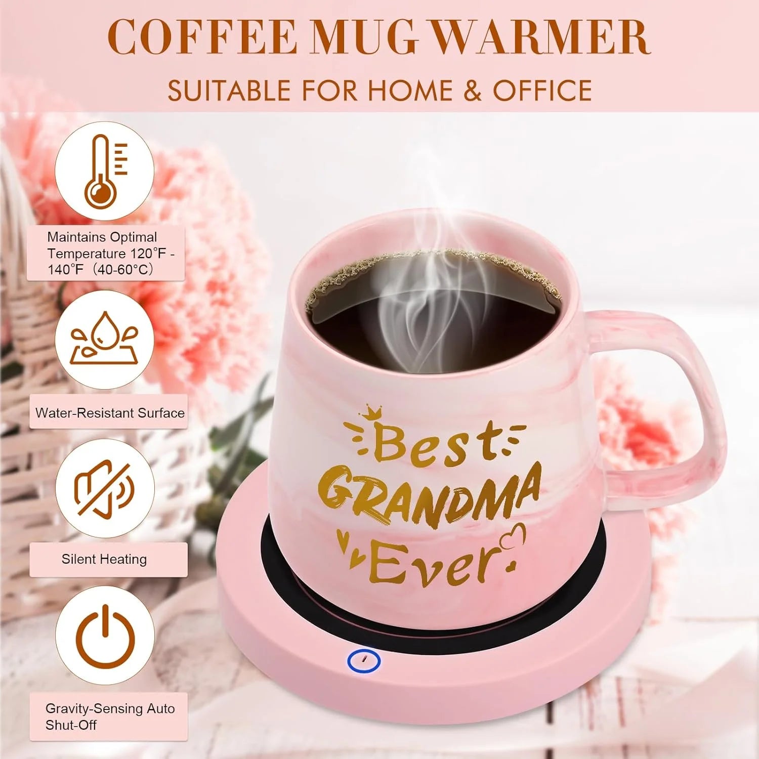 Best Grandma Ever Mug & Coffee Mug Warmer Set – Auto Shut-Off Desk Warmer for Coffee, Tea & Hot Drinks | Perfect Gift for Grandma