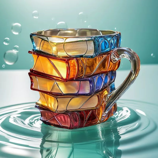 Painted Book Mug – 3D Colored Glass Book Stack Coffee Cup, Unique Novelty Mug for Readers & Literature Lovers, Gift for Bookworms