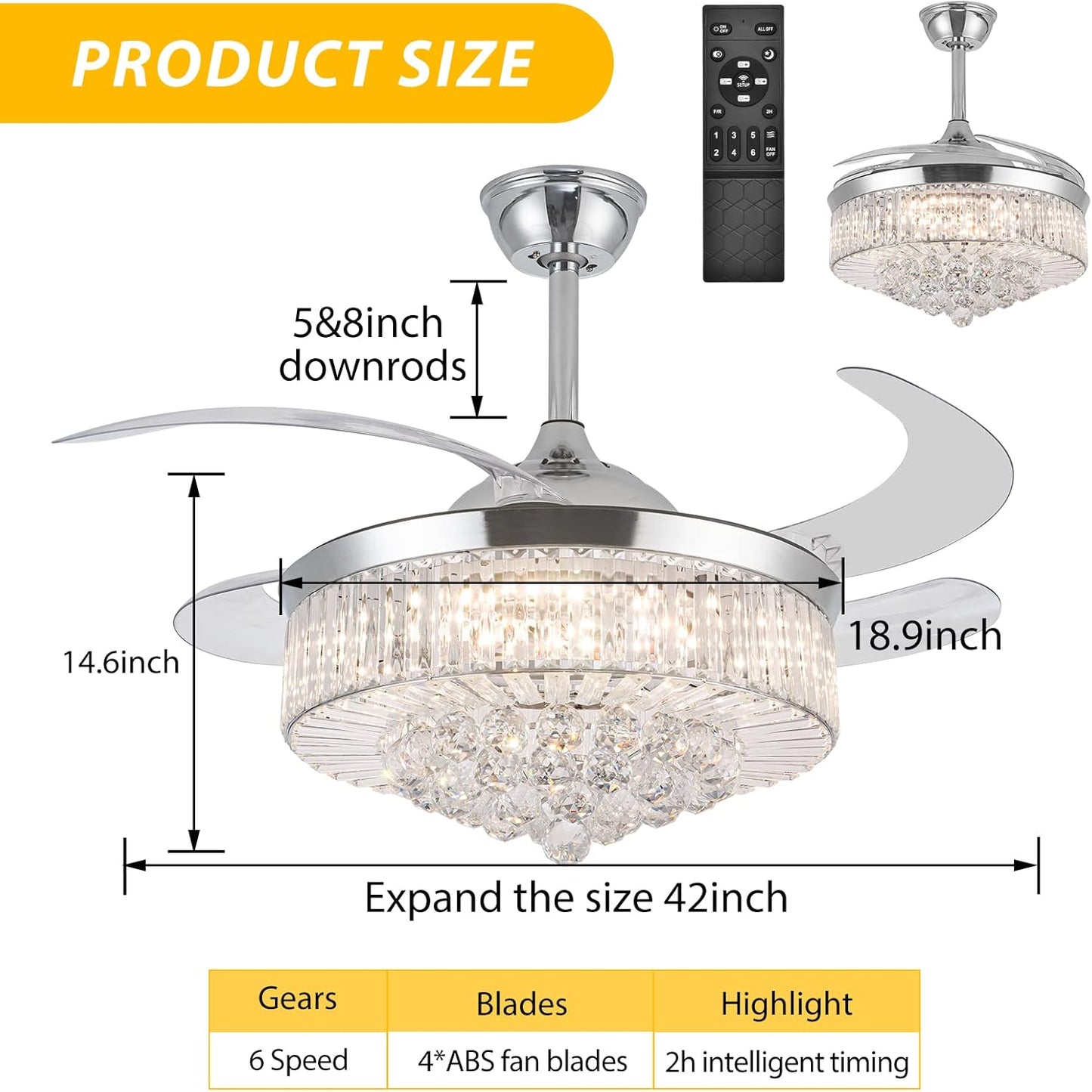 42" Crystal Retractable Ceiling Fan with Light & Remote – Invisible Blades Chandelier
