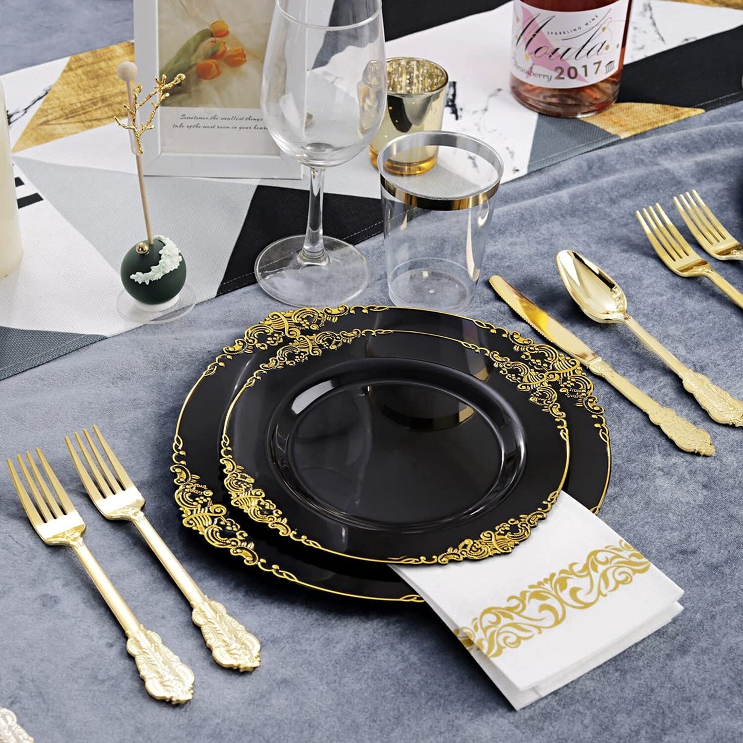 350-Piece Black and Gold Plastic Dinnerware Set – Includes Elegant Disposable Plates & Gold Plastic Silverware for Parties, Weddings, and Holiday Events | Heavy-Duty & Reusable Tableware by Hioasis