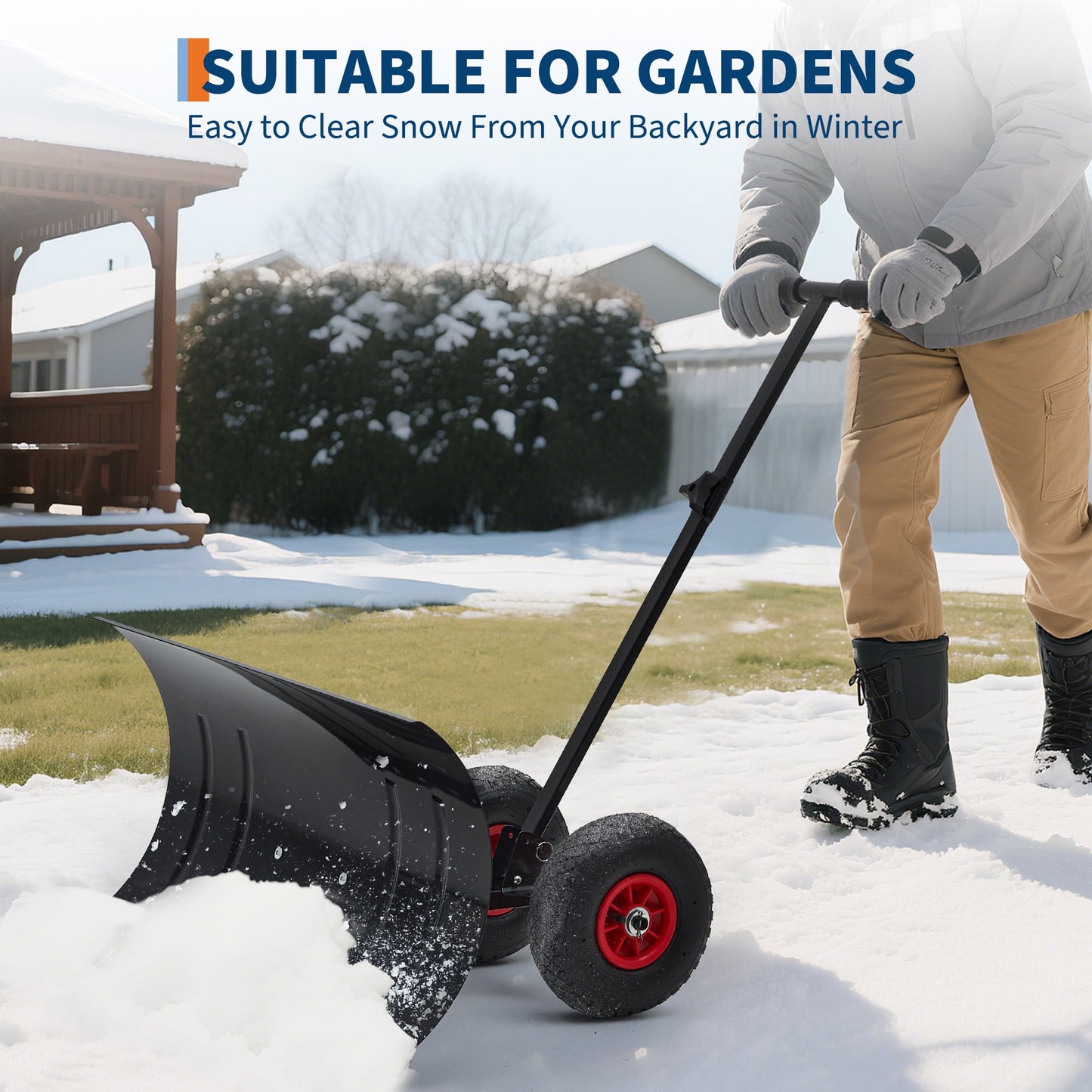 Heavy-Duty Snow Shovel with Wheels – 29" x 16.5" Adjustable Push Snow Plow with Angled Blade for Driveways & Pavements | Home Echo