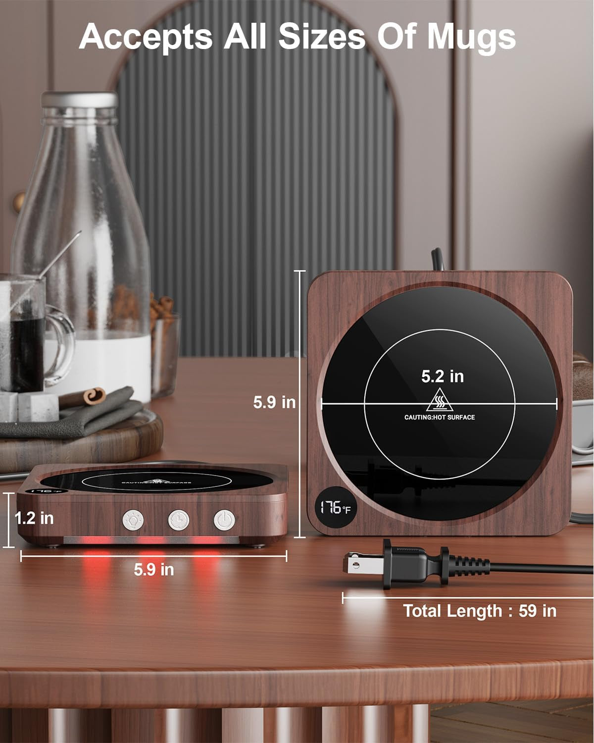 36W Smart Coffee Mug Warmer with Temperature Display & 2–12 Hour Auto Shut-Off – Desk Cup & Candle Warmer (Wood Finish)