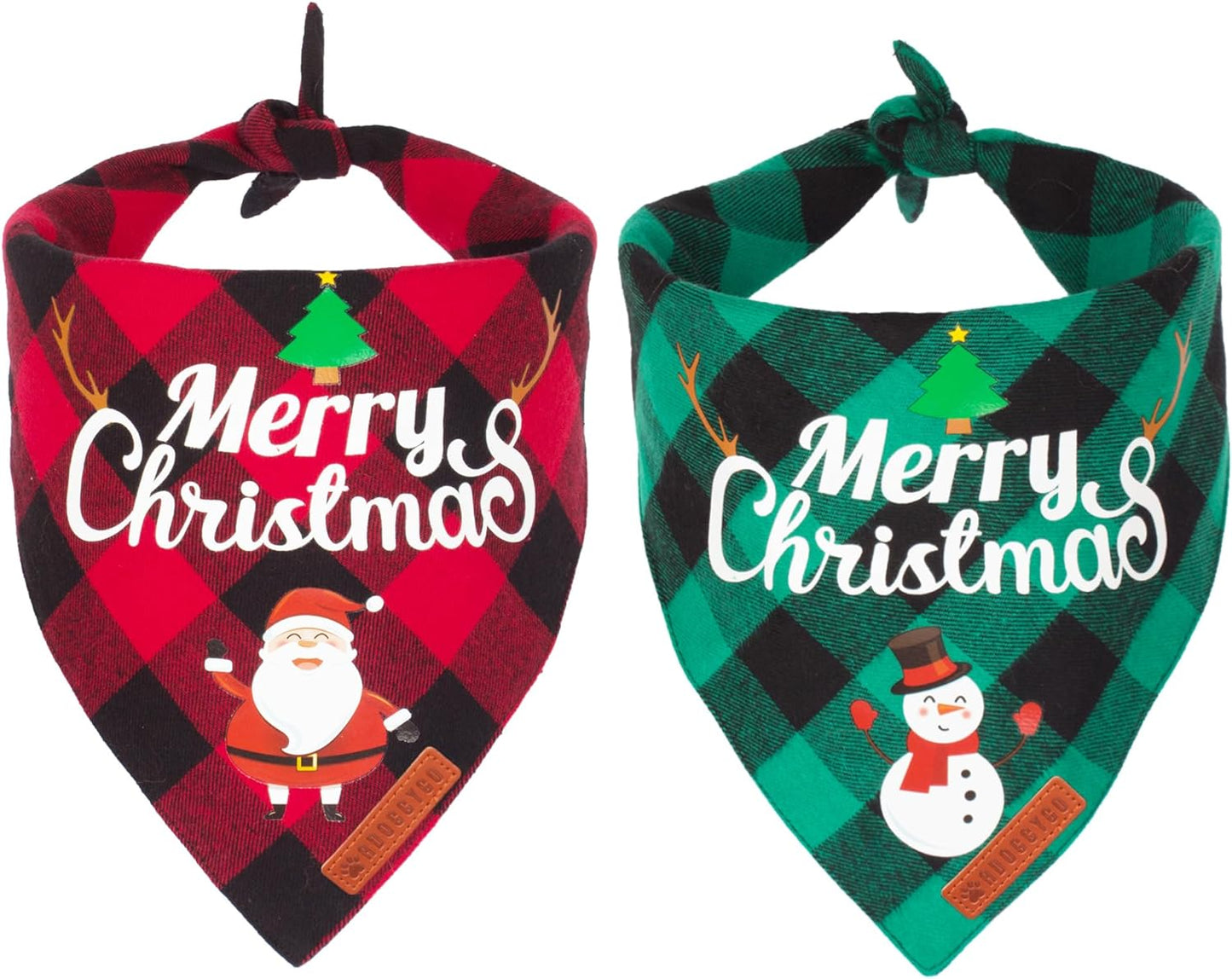Christmas Dog Bandanas – 2 Pack Classic Plaid Pet Scarves with Santa & Snowman Design, Triangle Bibs for Medium & Large Dogs (Large)
