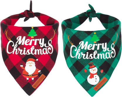 Christmas Dog Bandanas – 2 Pack Classic Plaid Pet Scarves with Santa & Snowman Design, Triangle Bibs for Medium & Large Dogs (Large)