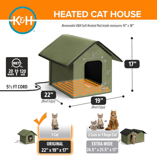 Heated Outdoor Cat House for outside Pets in Winter, Weatherproof Outdoor House for Ferals, Insulated Kitty Shelter, 2 Doors, Waterproof Heated Cat Bed, Safety Listed - Olive/Olive