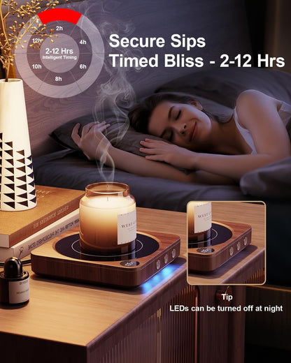 36W Smart Coffee Mug Warmer with Temperature Display & 2–12 Hour Auto Shut-Off – Desk Cup & Candle Warmer (Wood Finish)