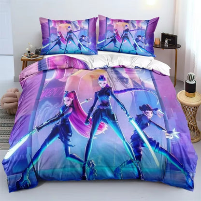 K-Pop Demon Hunters Bedding Set – Colorful Anime Print Duvet Cover & Bed Sheets | Soft Polyester Dorm Room Set | Kids & Teen Gift