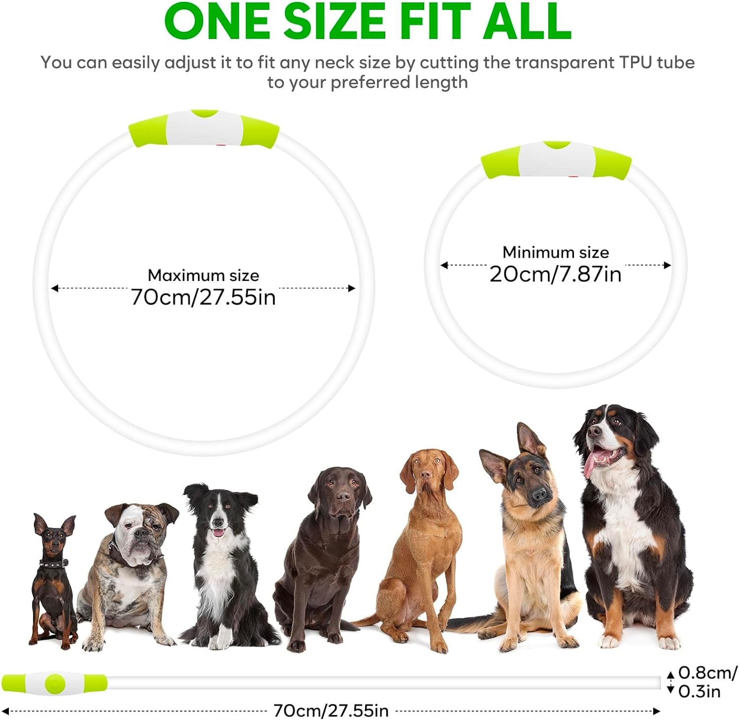 LED Light-Up Dog Collar – USB Rechargeable & Cuttable Glow Collar for Night Safety, High-Visibility TPU Puppy Collar (Green)