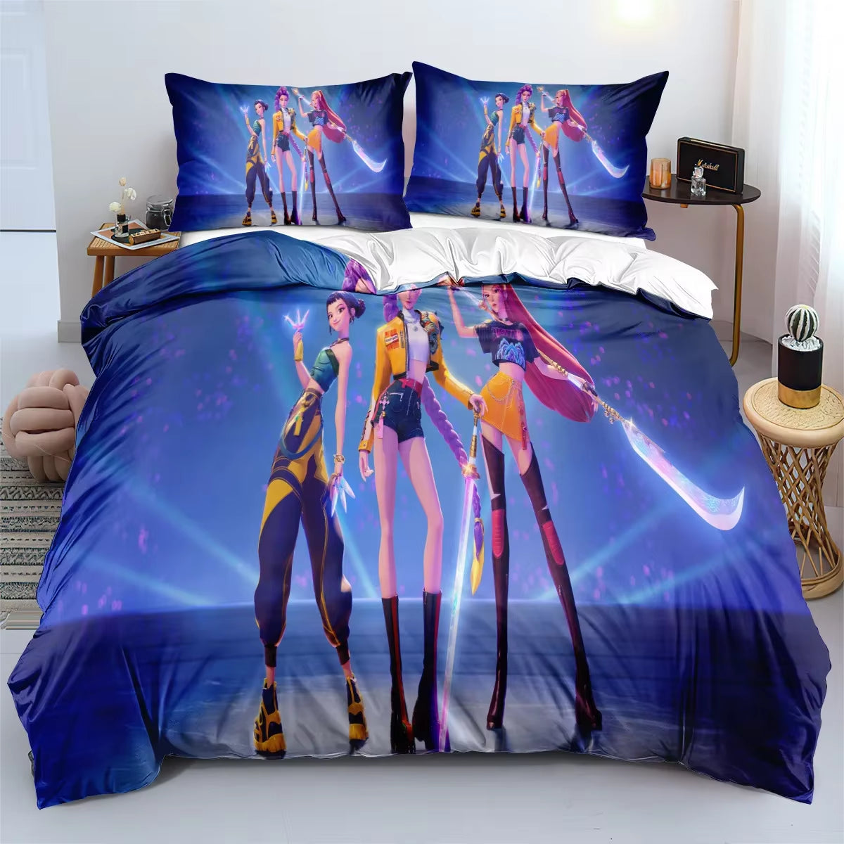K-Pop Demon Hunters Bedding Set – Colorful Anime Print Duvet Cover & Bed Sheets | Soft Polyester Dorm Room Set | Kids & Teen Gift