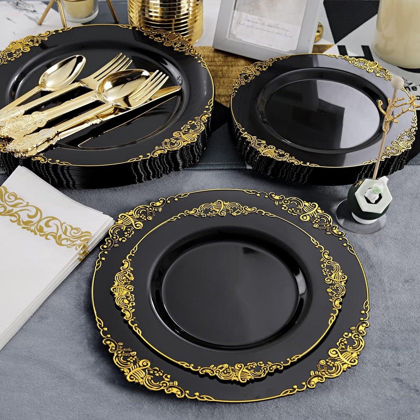 350-Piece Black and Gold Plastic Dinnerware Set – Includes Elegant Disposable Plates & Gold Plastic Silverware for Parties, Weddings, and Holiday Events | Heavy-Duty & Reusable Tableware by Hioasis