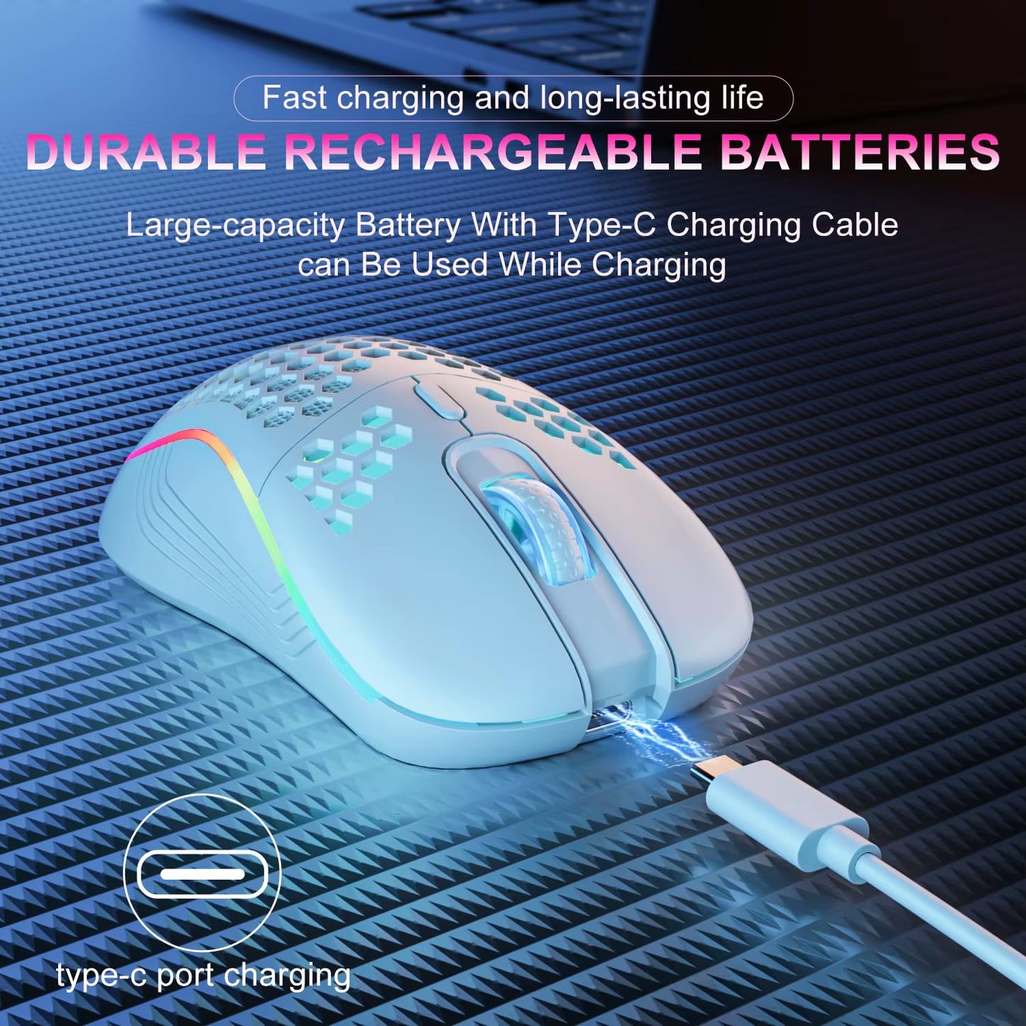 Wireless RGB Gaming Mouse – 2.4G Rechargeable 6-Button Ergonomic Mouse with 3-Speed DPI & Honeycomb Design (Type-C)