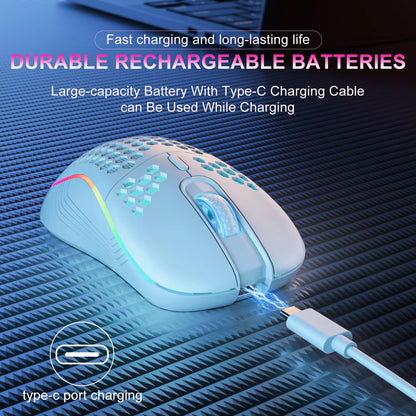 Wireless RGB Gaming Mouse – 2.4G Rechargeable 6-Button Ergonomic Mouse with 3-Speed DPI & Honeycomb Design (Type-C)