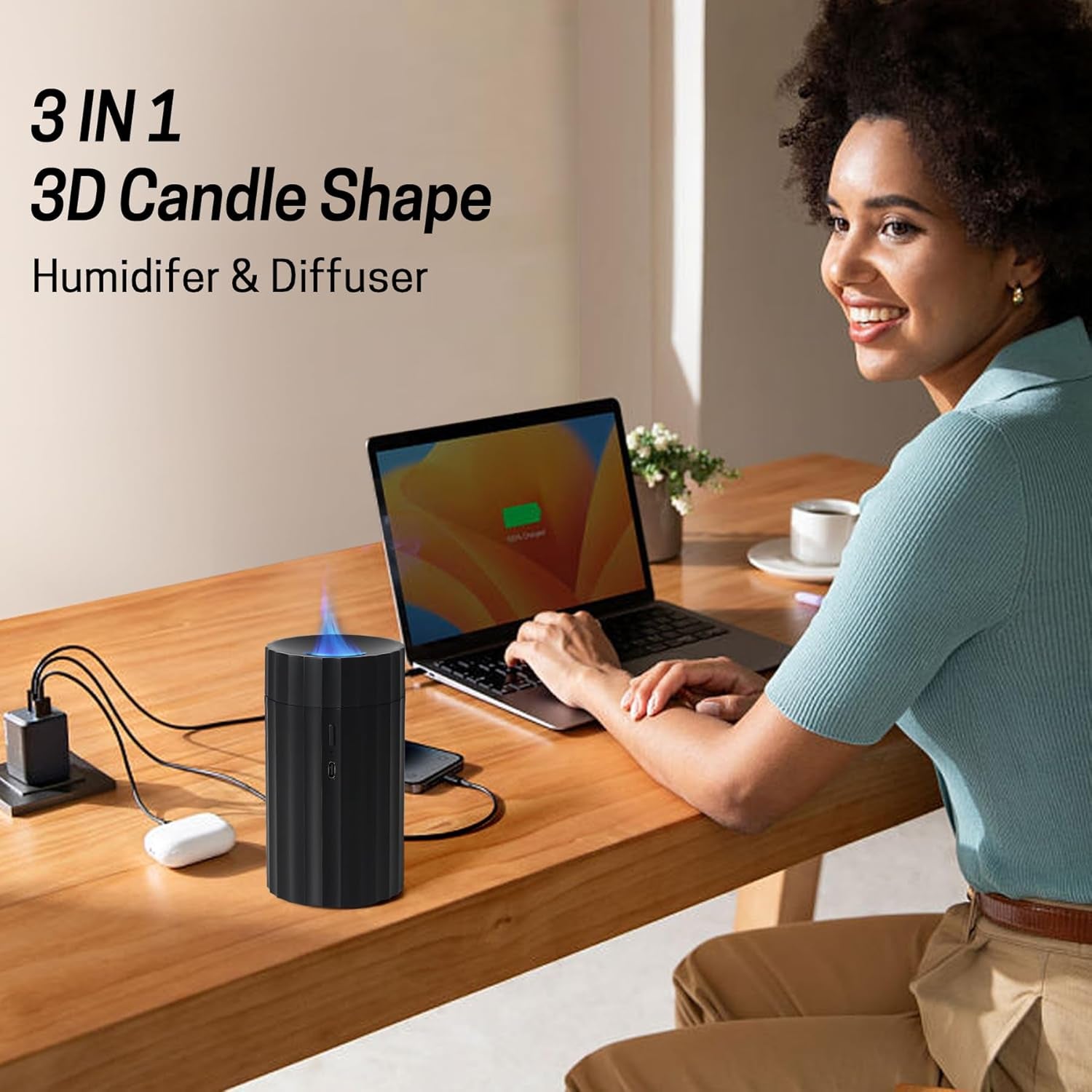 Car Diffuser & Mini Flame Humidifier – 100ml Portable Cool Mist Aroma Diffuser for Essential Oils, Black Aromatherapy Air Freshener for Car, Home & Office