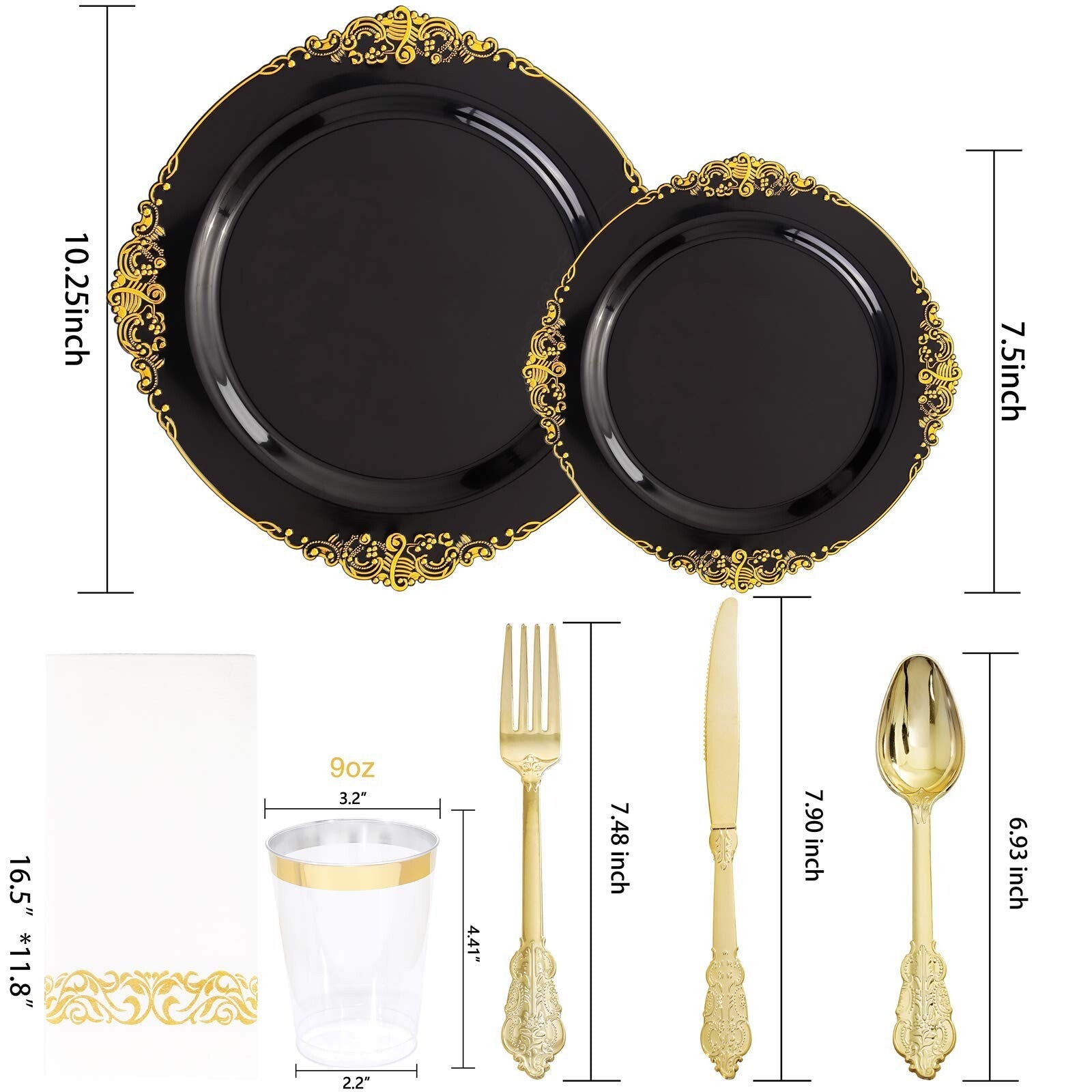 350-Piece Black and Gold Plastic Dinnerware Set – Includes Elegant Disposable Plates & Gold Plastic Silverware for Parties, Weddings, and Holiday Events | Heavy-Duty & Reusable Tableware by Hioasis