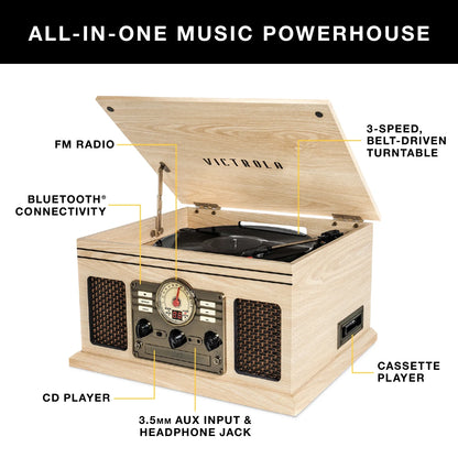 6-in-1 Nostalgic Bluetooth Record Player – 3-Speed Turntable with CD, Cassette, FM Radio & Built-In Speakers (Mahogany)