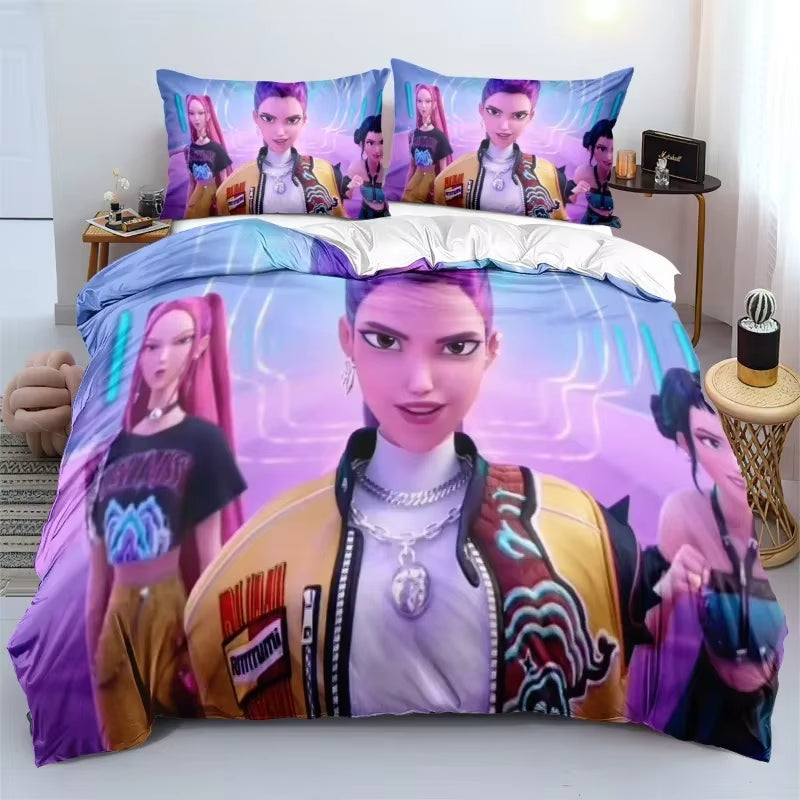 K-Pop Demon Hunters Bedding Set – Colorful Anime Print Duvet Cover & Bed Sheets | Soft Polyester Dorm Room Set | Kids & Teen Gift