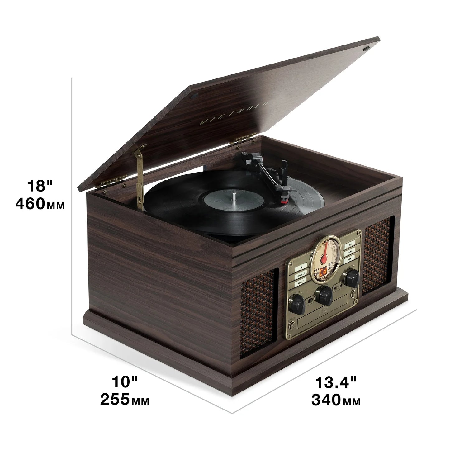 6-in-1 Nostalgic Bluetooth Record Player – 3-Speed Turntable with CD, Cassette, FM Radio & Built-In Speakers (Mahogany)