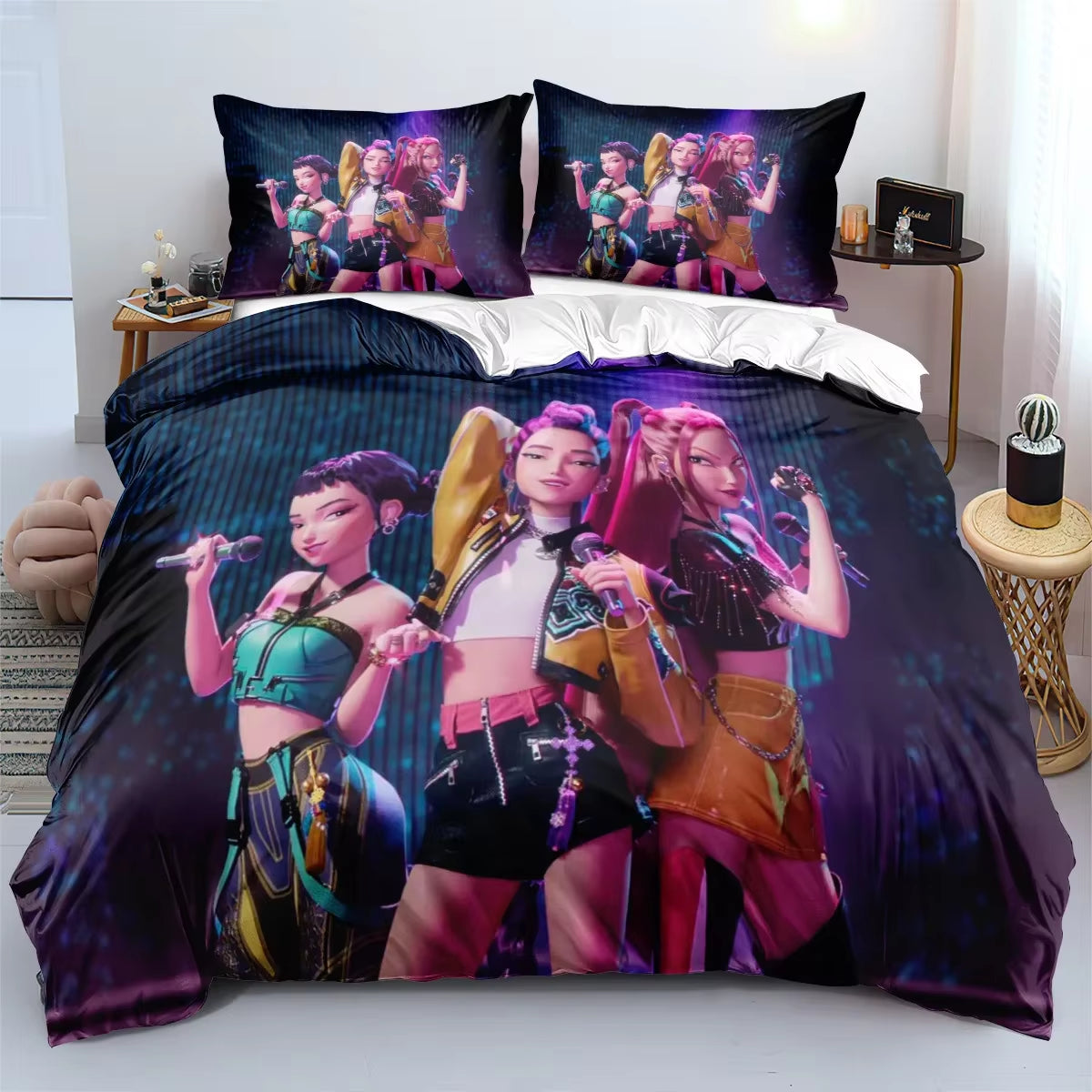 K-Pop Demon Hunters Bedding Set – Colorful Anime Print Duvet Cover & Bed Sheets | Soft Polyester Dorm Room Set | Kids & Teen Gift