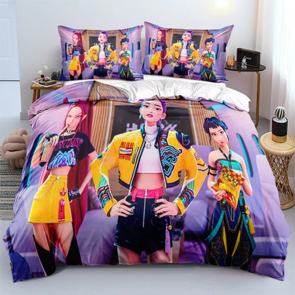 K-Pop Demon Hunters Bedding Set – Colorful Anime Print Duvet Cover & Bed Sheets | Soft Polyester Dorm Room Set | Kids & Teen Gift