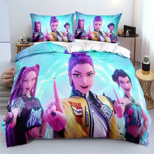 K-Pop Demon Hunters Bedding Set – Colorful Anime Print Duvet Cover & Bed Sheets | Soft Polyester Dorm Room Set | Kids & Teen Gift