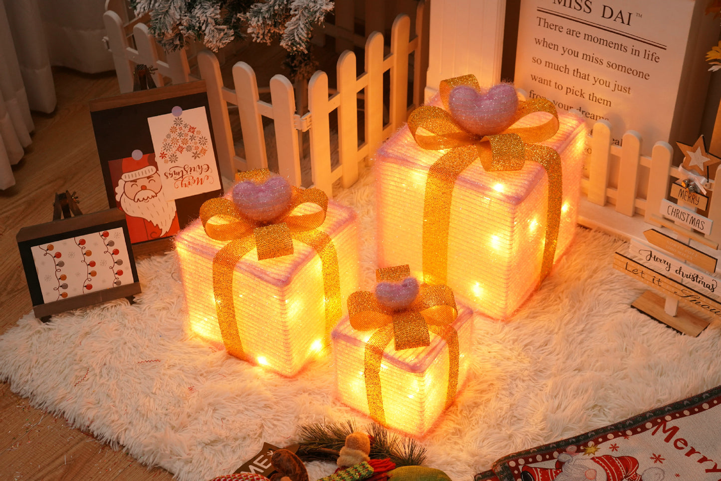 Remote Control Christmas Gift Box Lights – Three-Piece LED Holiday Decoration Set