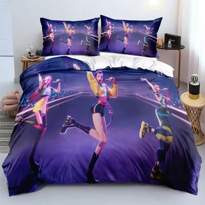K-Pop Demon Hunters Bedding Set – Colorful Anime Print Duvet Cover & Bed Sheets | Soft Polyester Dorm Room Set | Kids & Teen Gift