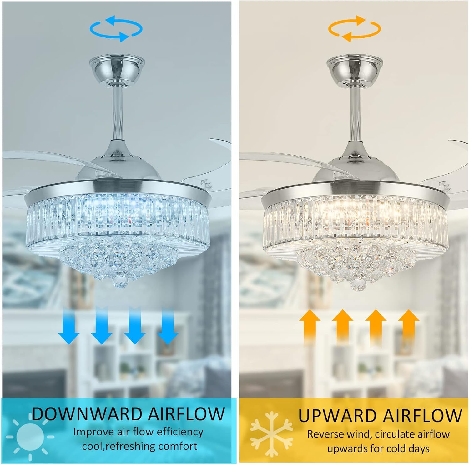 42" Crystal Retractable Ceiling Fan with Light & Remote – Invisible Blades Chandelier