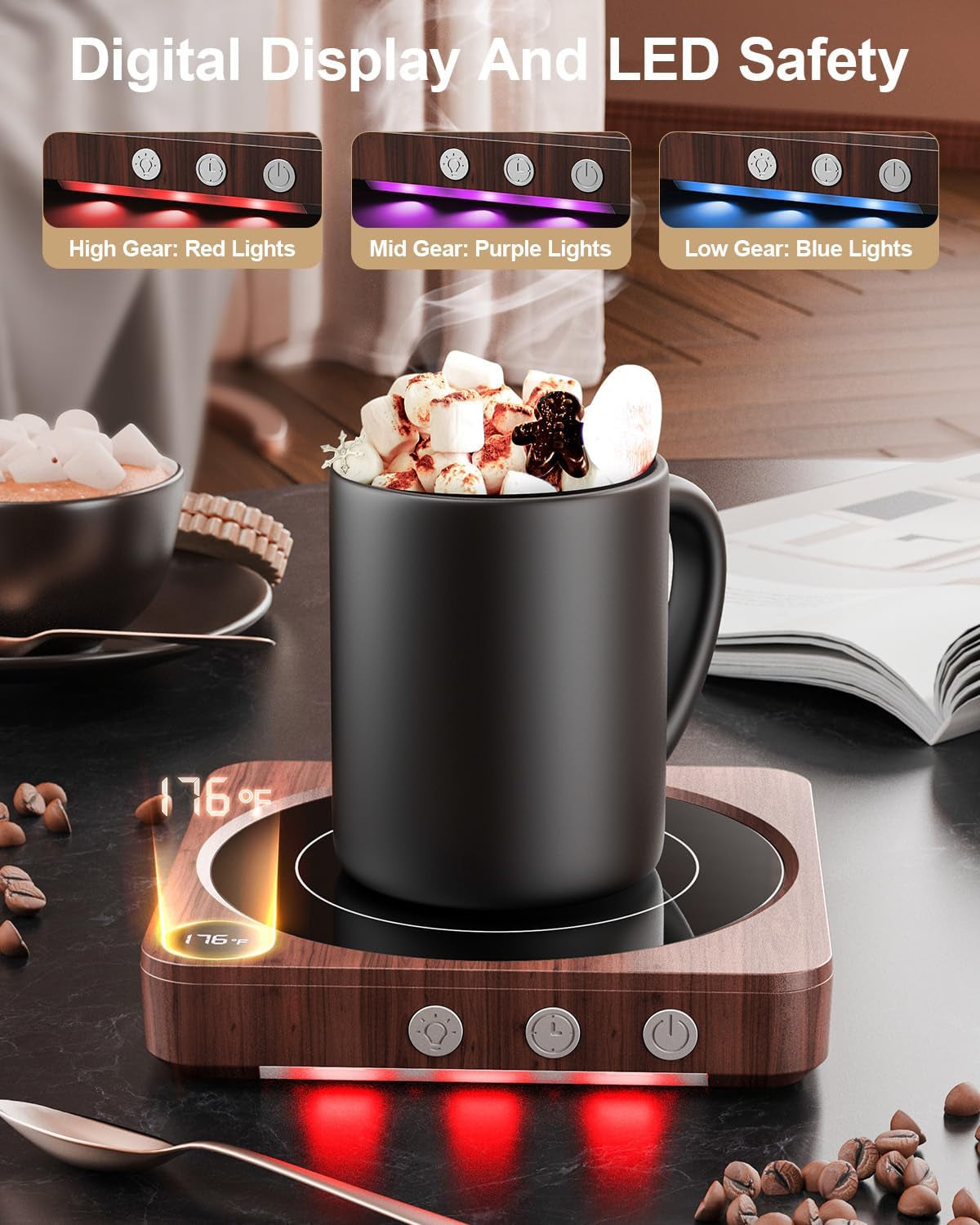 36W Smart Coffee Mug Warmer with Temperature Display & 2–12 Hour Auto Shut-Off – Desk Cup & Candle Warmer (Wood Finish)