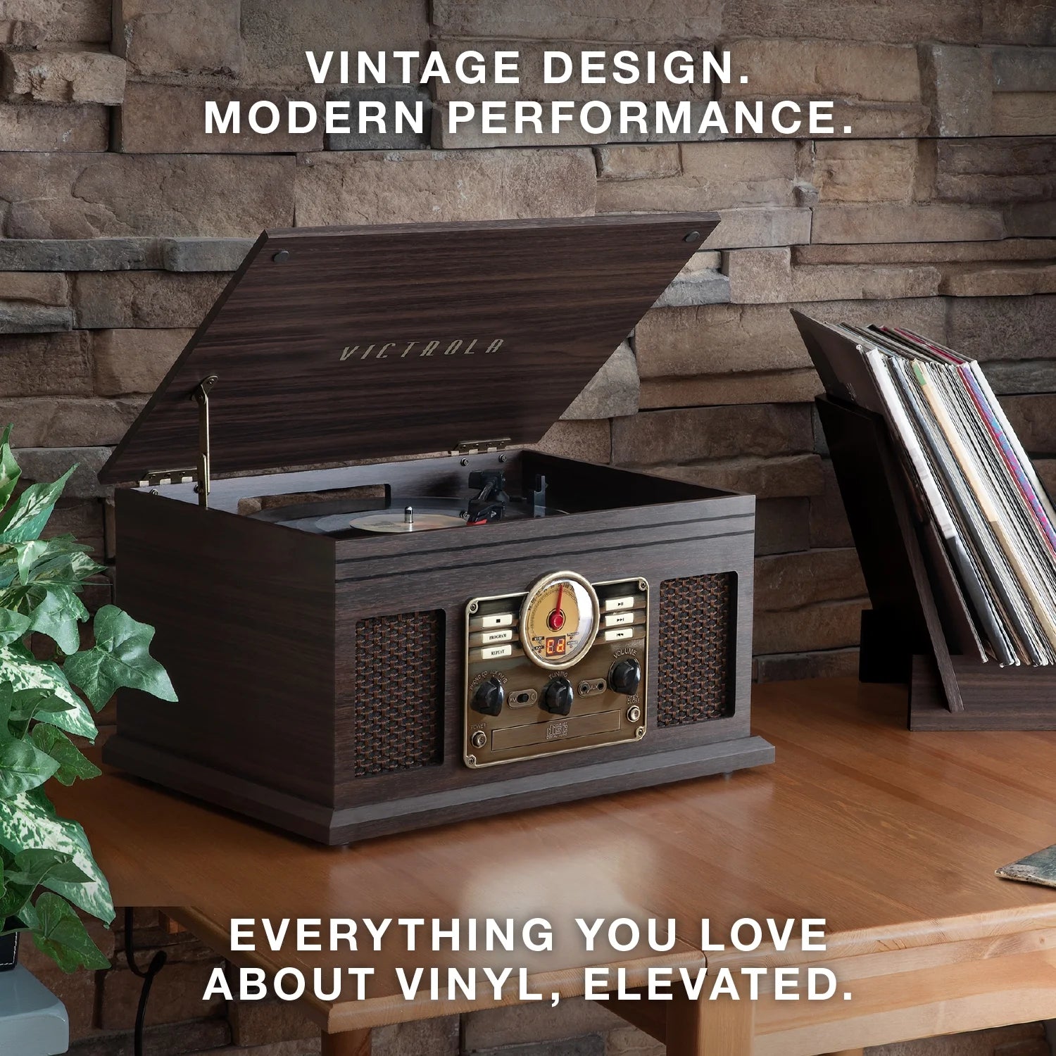 6-in-1 Nostalgic Bluetooth Record Player – 3-Speed Turntable with CD, Cassette, FM Radio & Built-In Speakers (Mahogany)