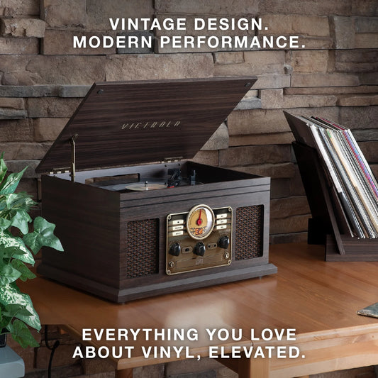 6-in-1 Nostalgic Bluetooth Record Player – 3-Speed Turntable with CD, Cassette, FM Radio & Built-In Speakers (Mahogany)