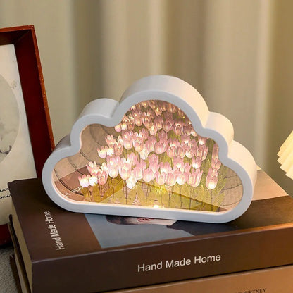 Handmade Tulip Flower LED Night Light with DIY Cloud Mirror – Romantic Bedroom Lamp & Gift Décor