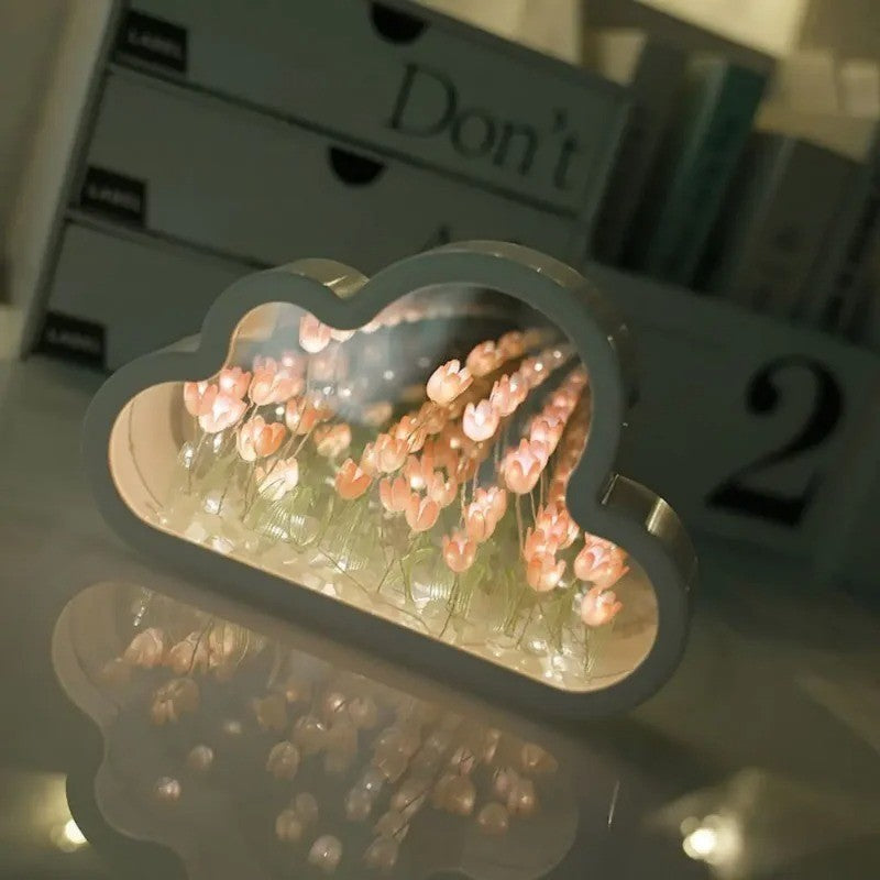 Handmade Tulip Flower LED Night Light with DIY Cloud Mirror – Romantic Bedroom Lamp & Gift Décor