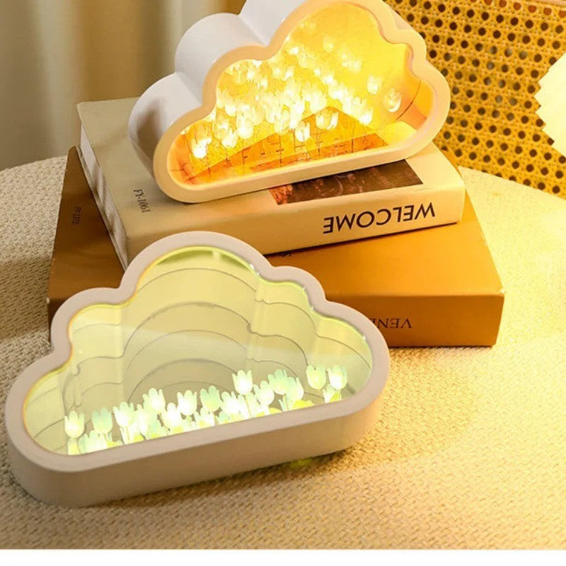 Handmade Tulip Flower LED Night Light with DIY Cloud Mirror – Romantic Bedroom Lamp & Gift Décor